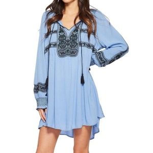 FREE PEOPLE Blue Embroidered Long Sleeve Keyhole Mini Trapeze Dress